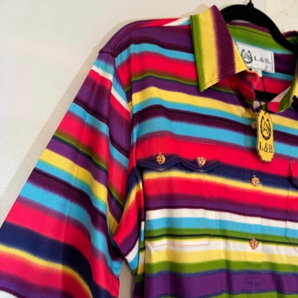 L&B Bright Multicolor Striped Button Down Shirt Dress Size XL Western Belted NWT - Picture 6 of 16